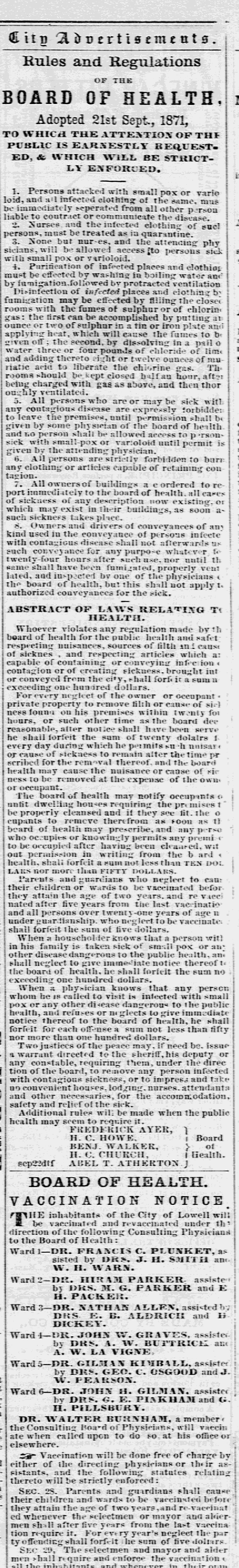 Rules and Regulations pertaining to the 1871 smallpox epidemic in Lowell, Massachusetts